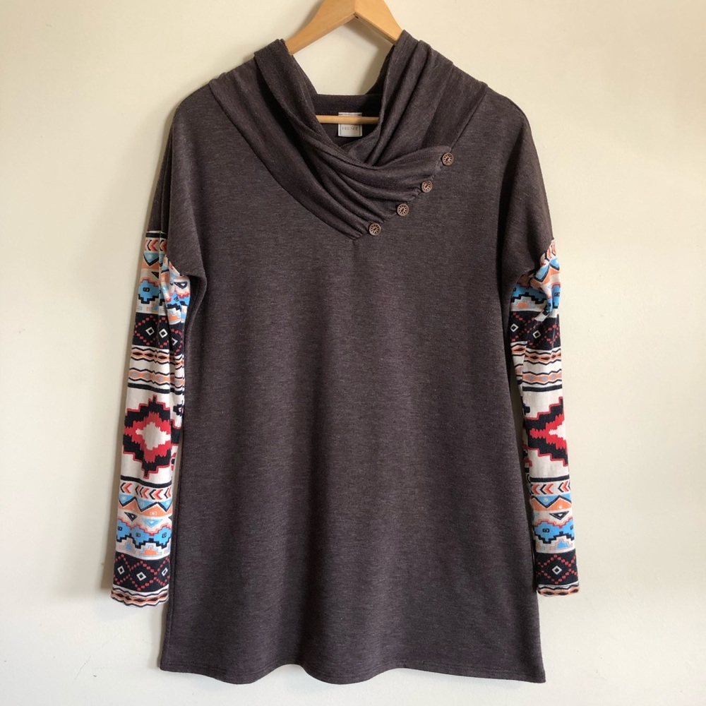 Hershe Long Sleeve Casual Shirt Brown Aztec Accent